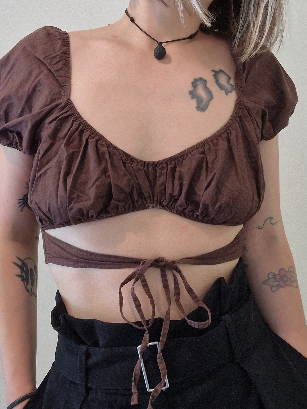 H&M Chocolate Brown Puff Sleeve Wrap Crop Top